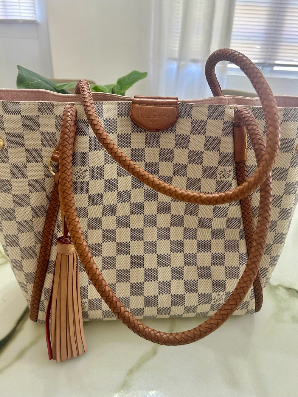 Louis Vuitton Damier Azur Braided Handle Tote - Beige/White with Brown Trim - Picture 1 of 5